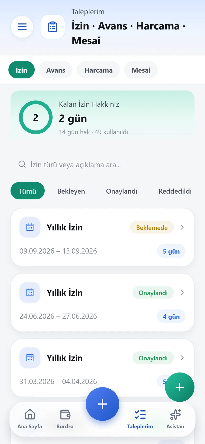 Mobil uygulamada izin ekranı: kalan izin hakkı ve talep listesi.