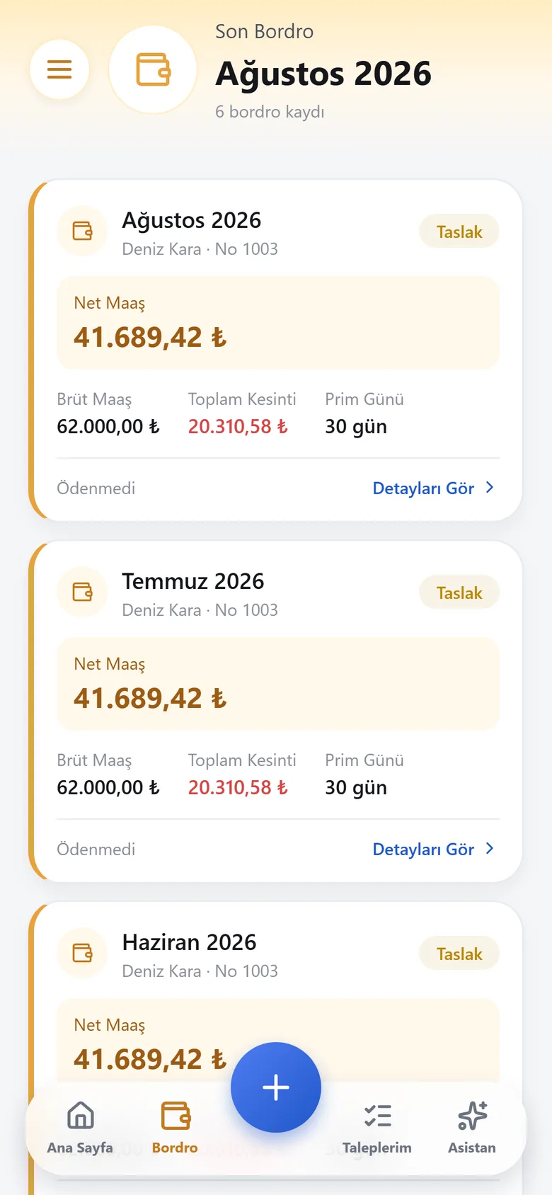 Bordro ekranında brüt maaş, toplam kesinti ve net maaş kalemleri.