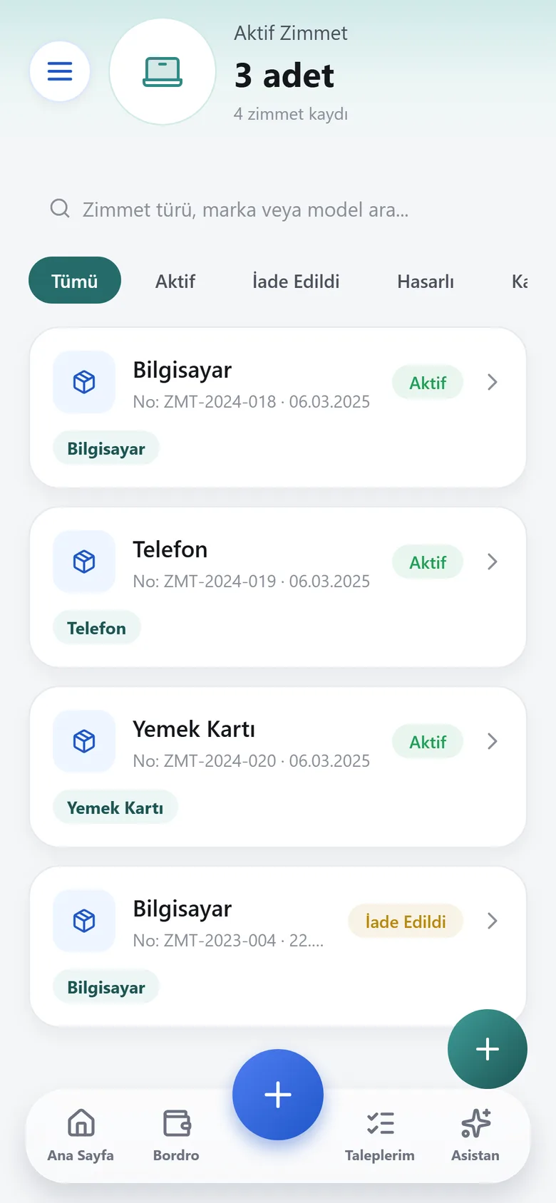 Zimmet ekranı: Üzerindeki demirbaşlar, durumları ve iade talepleri.