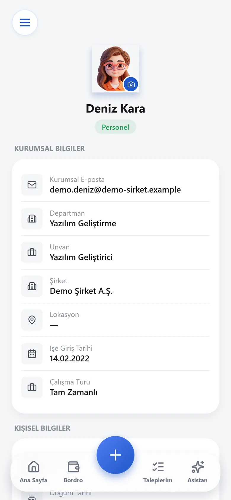 Profil ekranı: Özlük bilgileri, kurum bilgisi ve hesap yönetimi.